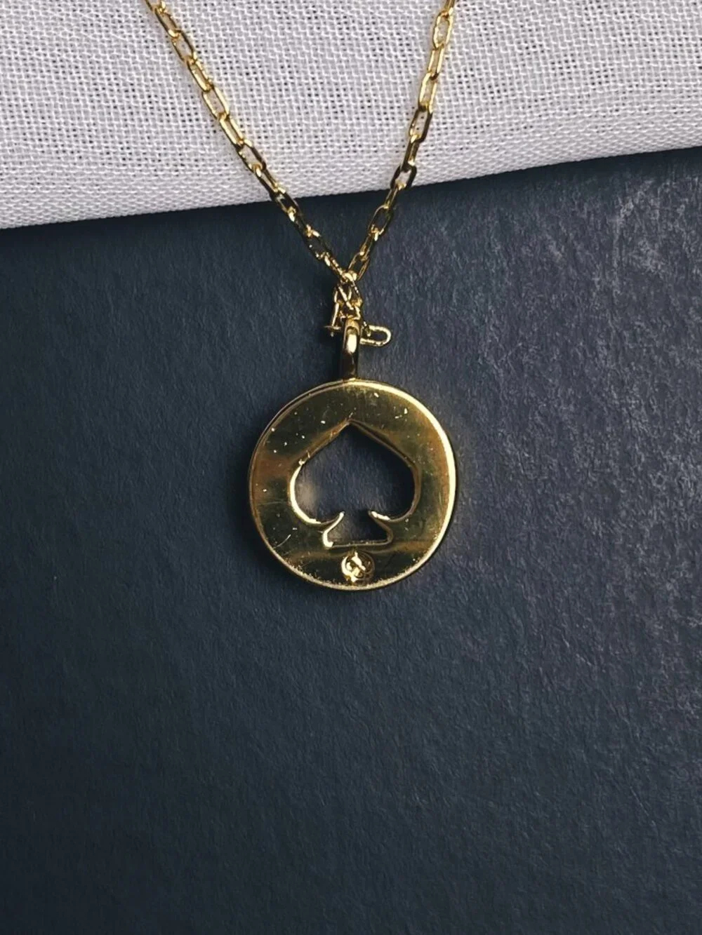 Kate Spade Logo Cutout Charm Rhinestone Jewel Minimalist Gold Chain Necklace